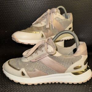 Michael Kors Monroe Gold Silver Glitter Pink Chain-Mesh Trainer Women’s Size 7M